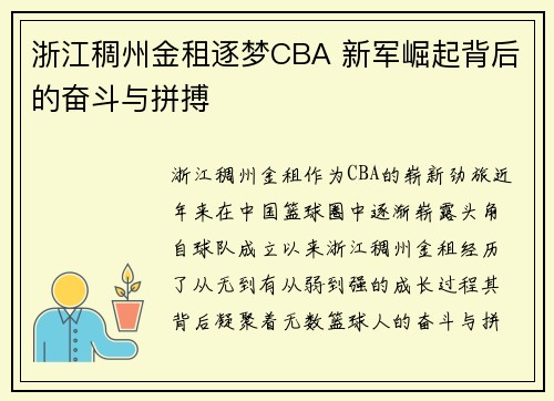 浙江稠州金租逐梦CBA 新军崛起背后的奋斗与拼搏