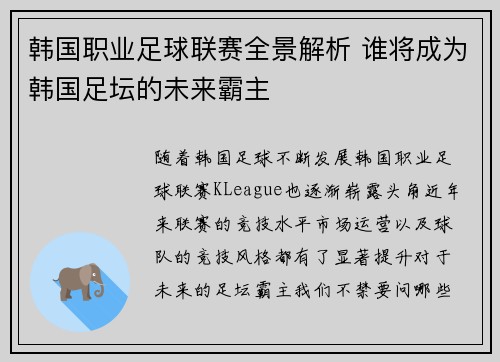 韩国职业足球联赛全景解析 谁将成为韩国足坛的未来霸主