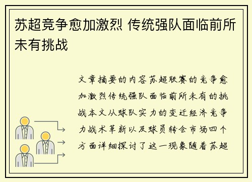 苏超竞争愈加激烈 传统强队面临前所未有挑战