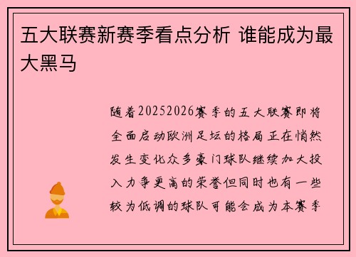 五大联赛新赛季看点分析 谁能成为最大黑马